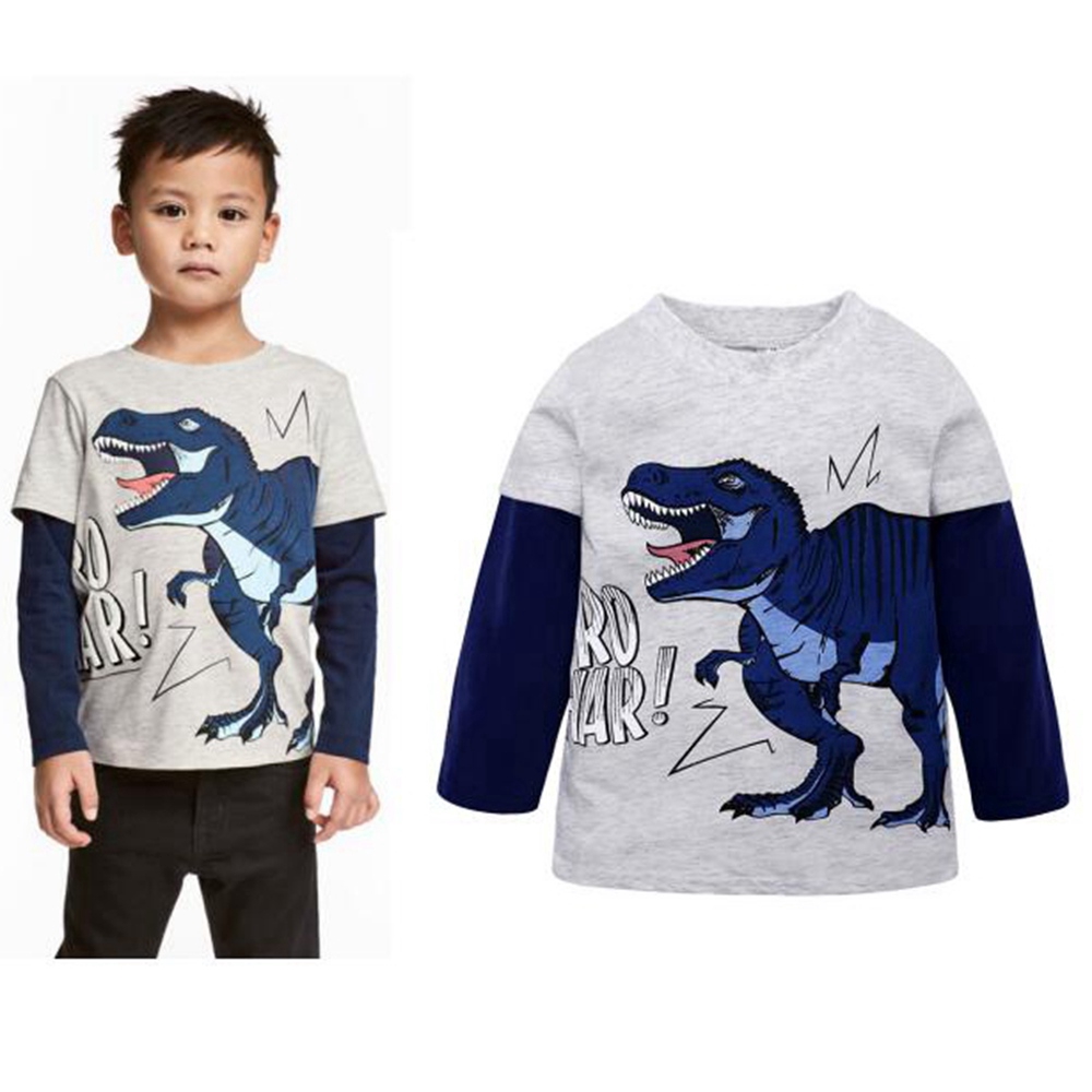 1-8 Yrs New Dinosaur Boy Tshirts Cartoon Long Sleeves Cotton Tshirt Toddler Infant T-shirts White