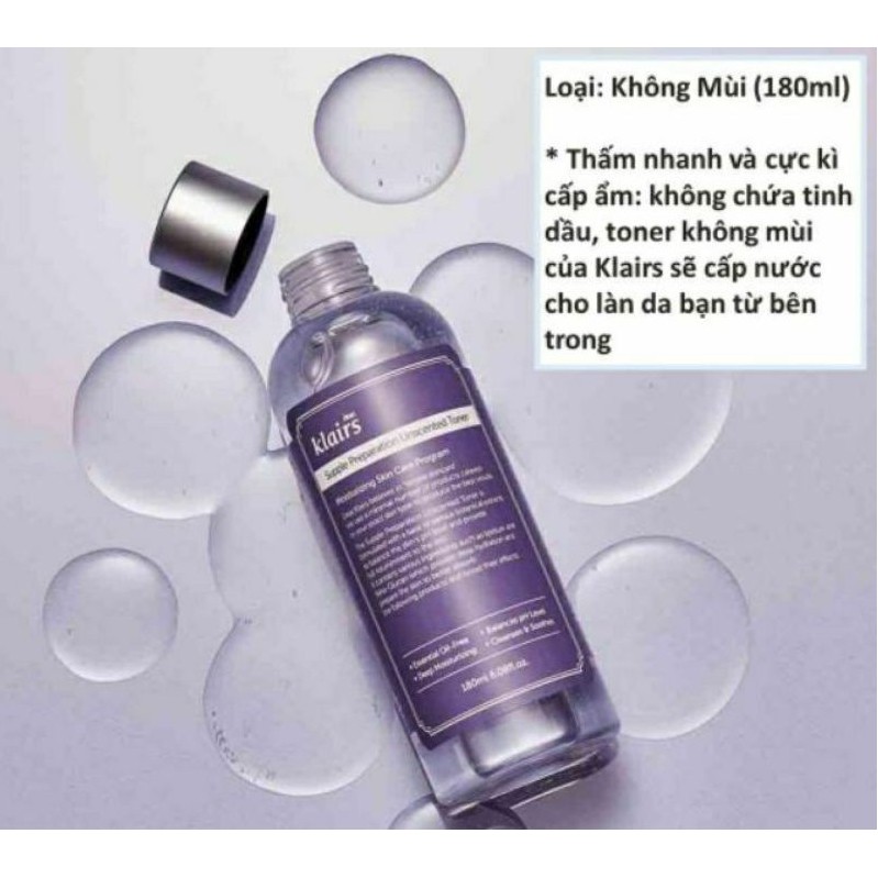 Nước hoa hồng Klairs Supple Preparation Toner Dưỡng Ẩm Da Và Làm Mềm Da không mùi, có mùi 180ml