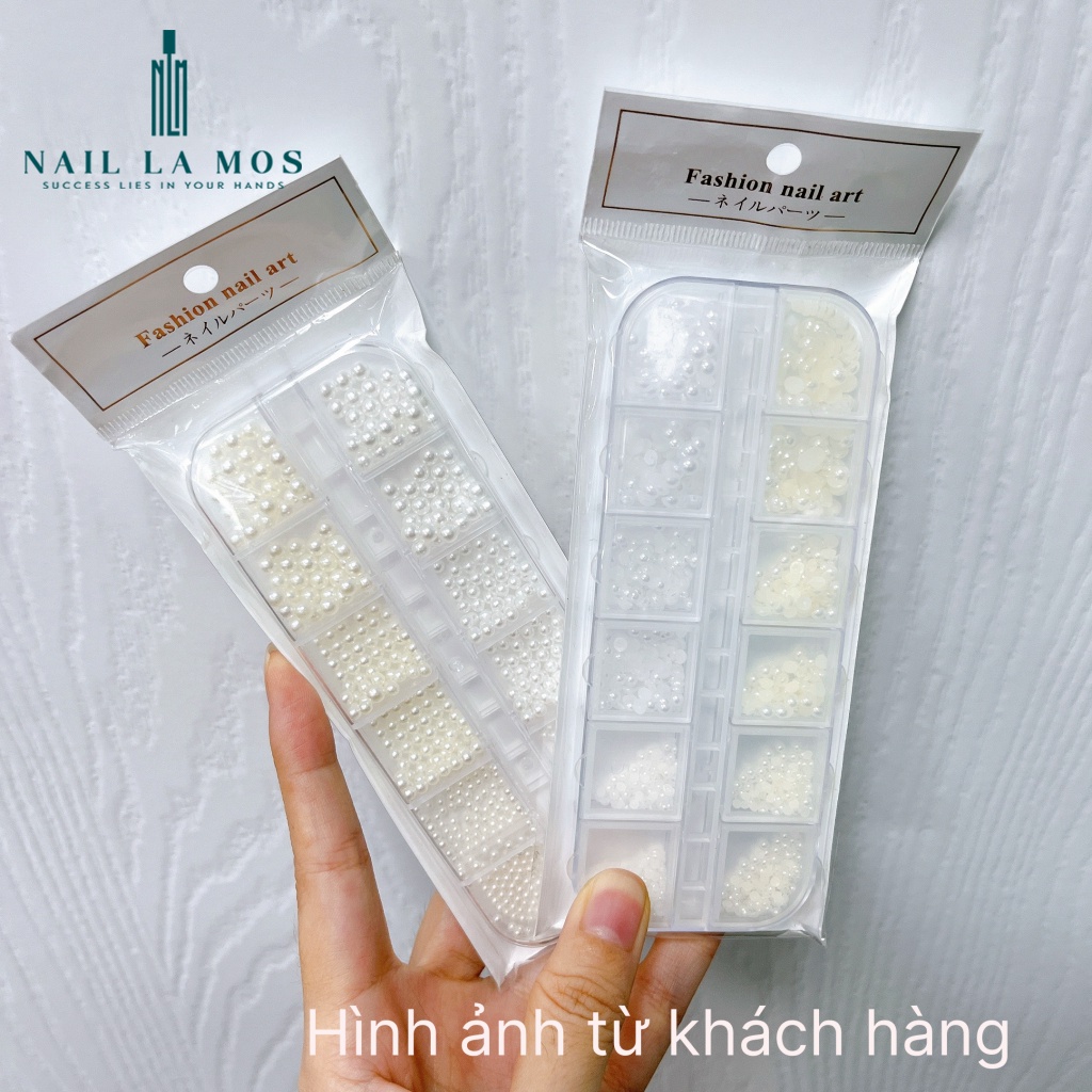 Khay ngọc trai nhân tạo mix size đính móng - Ngọc trai nhựa loại tròn, nửa viên hai màu trắng ngà đính nail sang chảnh