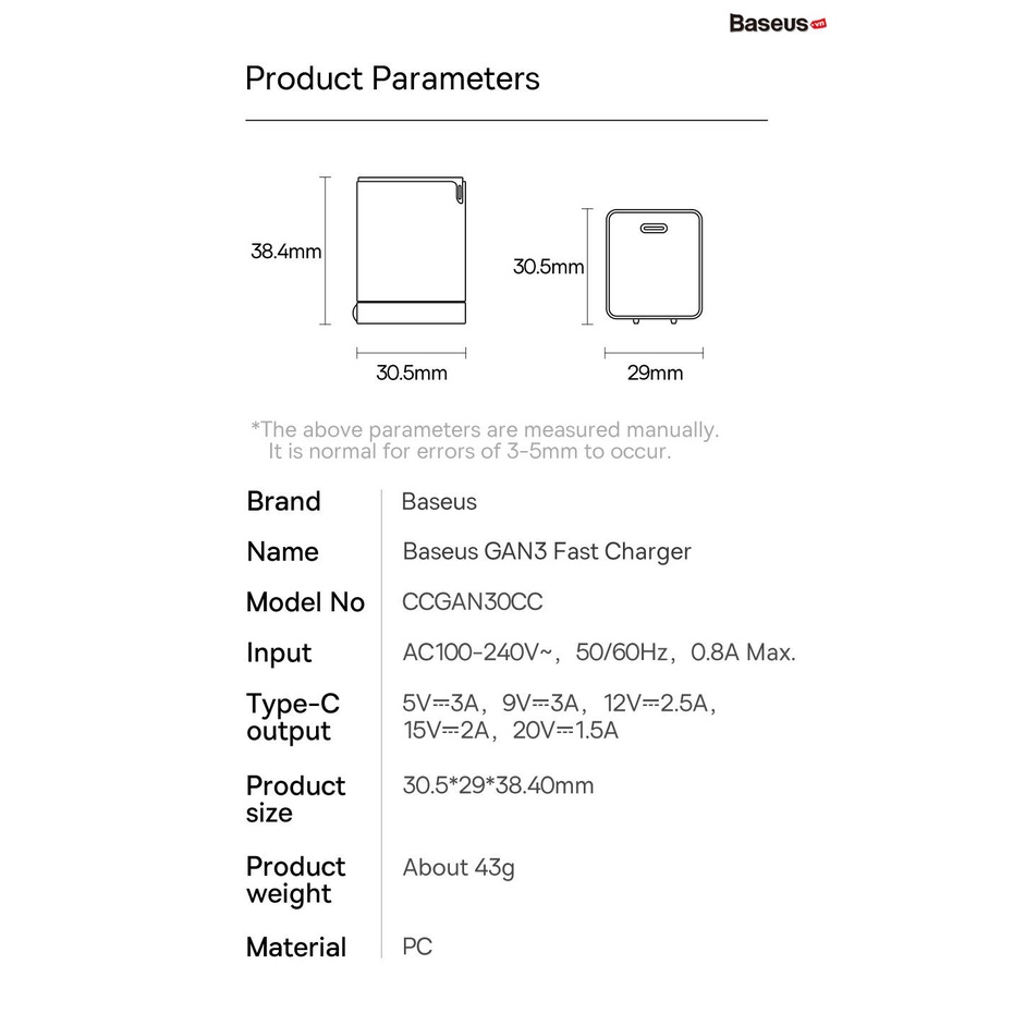 Củ sạc nhanh, nhỏ gọn Baseus GaN3 Quick Charger 1C 30W (PD/ QC / PPS Multi Quick Charge Support)
