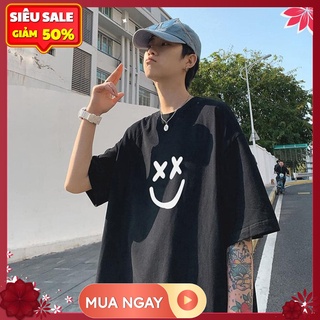 Áo thun tay lỡ nam nữ unisex hình mặt cười, áo phông form rộng oversize cotton dáng xuông