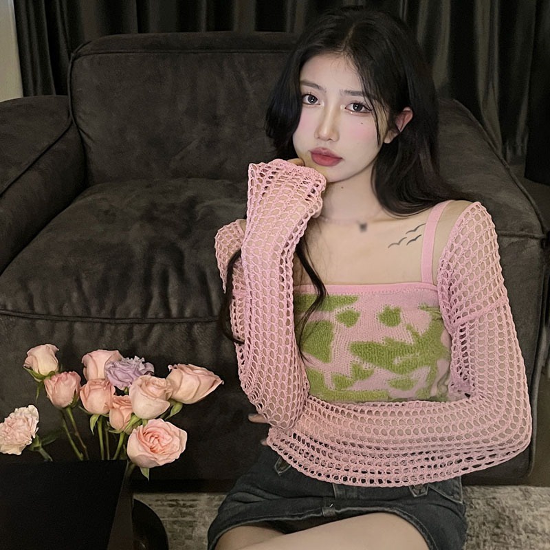 Set Áo Croptop Hai Dây + Áo Khoác Chống Nắng Dài Tay Thời Trang Nữ