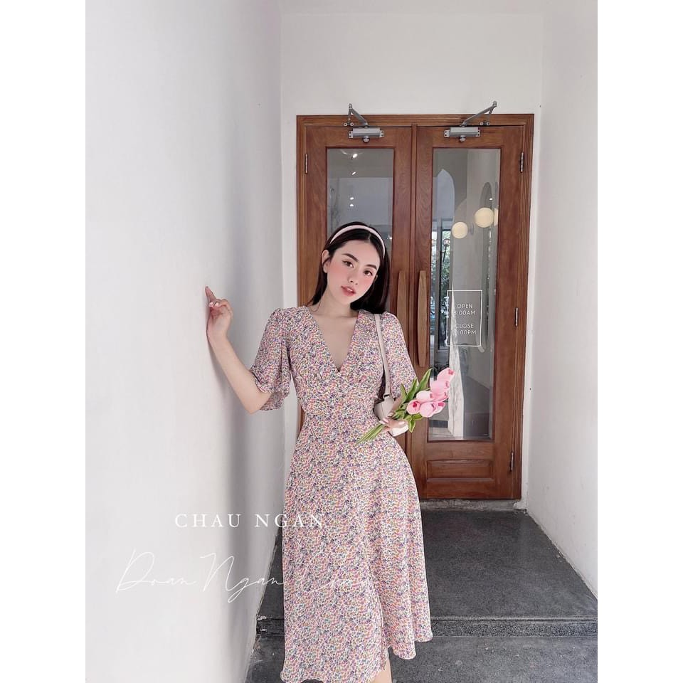 [Mã FAGREEN1505 giảm tới 30K đơn 99K] VÁY HOA NHÍ HỒNG CỔ V KHUY GIỮA TAY XÒE | BigBuy360 - bigbuy360.vn