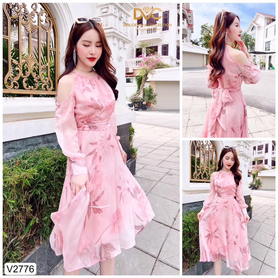 Váy voan hồng dáng xòe khoét tay cổ yếm siêu xinh V2776