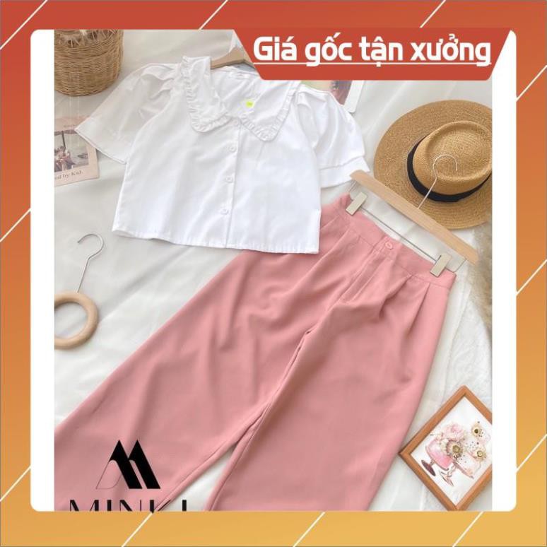 [GIÁ TẬN XƯỞNG] SET ÁO SƠ MI + QUẦN SUÔNG Pastel - Chất liệu cao cấp -Màu Trắng phối Hồng pastel -[THIẾT KẾ]