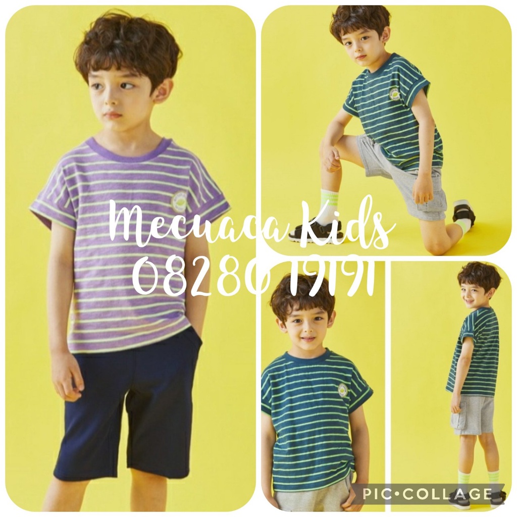 [120, 150] Áo phông hè cotton xước xanh kẻ, tím kẻ cho bé trai xuất dư xịn