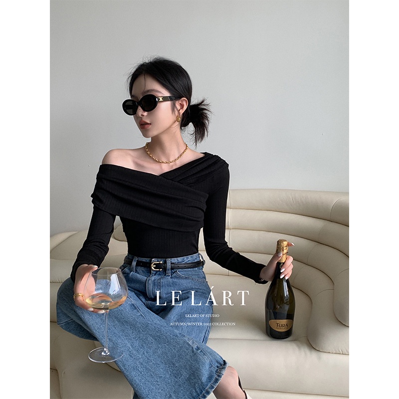 Áo thun DIDIKA tay dài trễ vai xếp ly phong cách Pháp Hàn Quốc thời trang mùa thu 2022