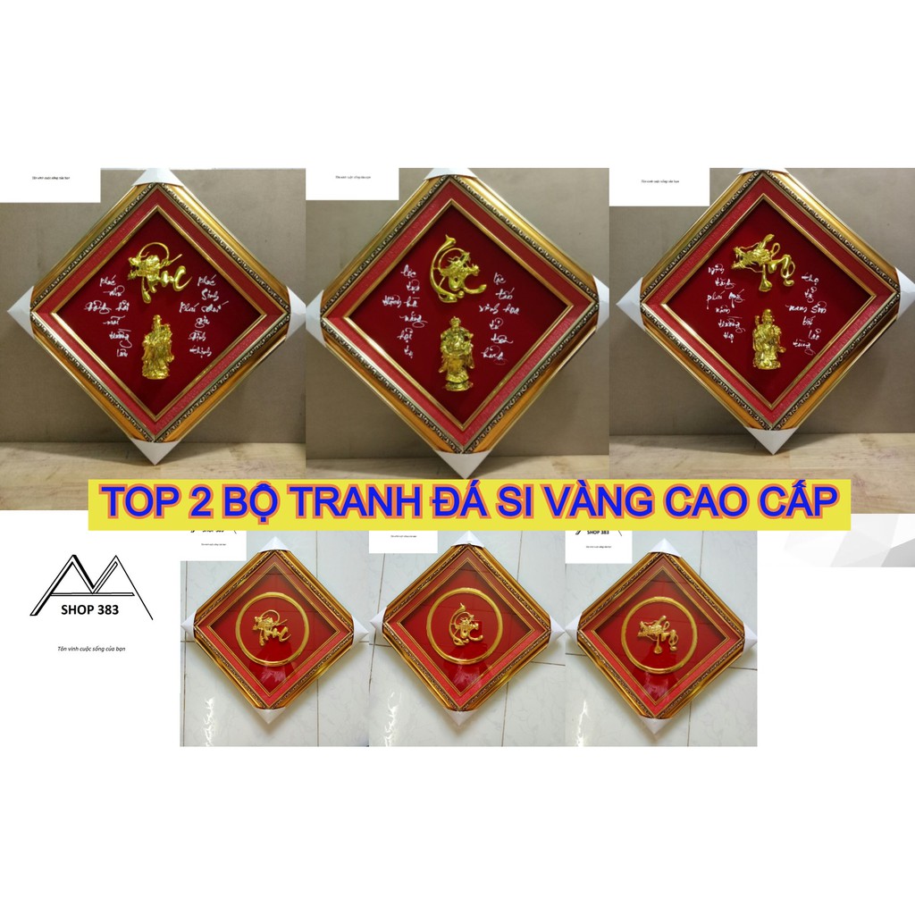 Tranh đẹp _ Tranh đá si vàng [3 MẪU ] bộ 3 Phúc Lộc Thọ vải nhung đỏ treo tường cao cấp_ sang trọng .