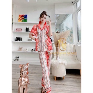 Pijama tay ngắn công đỏ lụa xước u009.