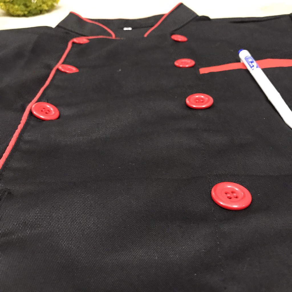 Áo Bếp ngắn tay màu đen viền đỏ dáng chuẩn dành cho nam nữ đầu bếp
