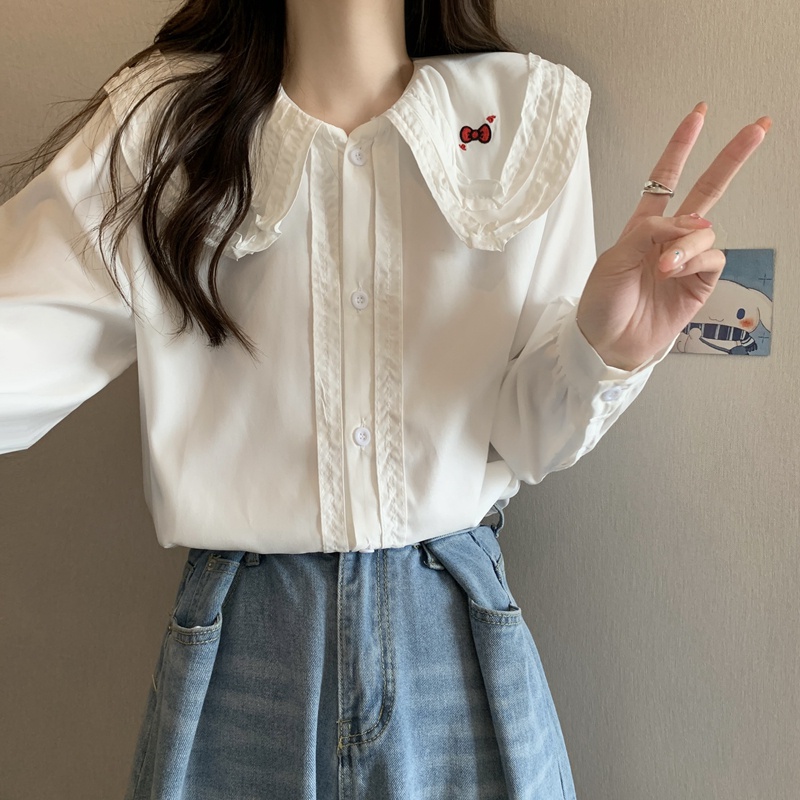 SUXI Áo Sơ Mi Tay Dài Dáng Rộng Cổ Búp Bê Màu Sắc Ngọt Ngào Xinh Xắn