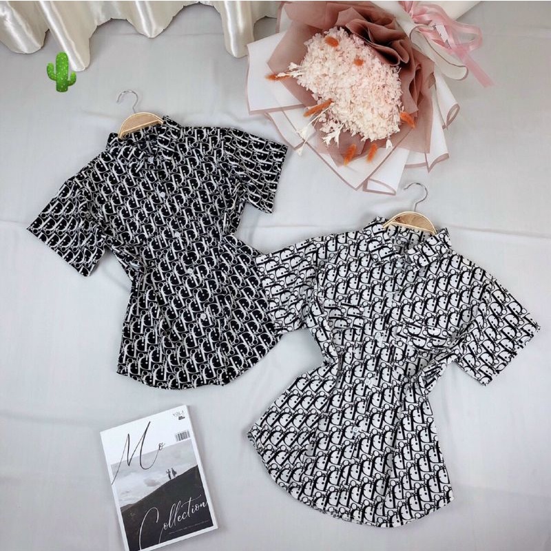 Áo sơ mi nữ tay ngắn họa tiết Dior, chất vải kate lụa mềm mát cho nàng cân nặng dưới 52kg