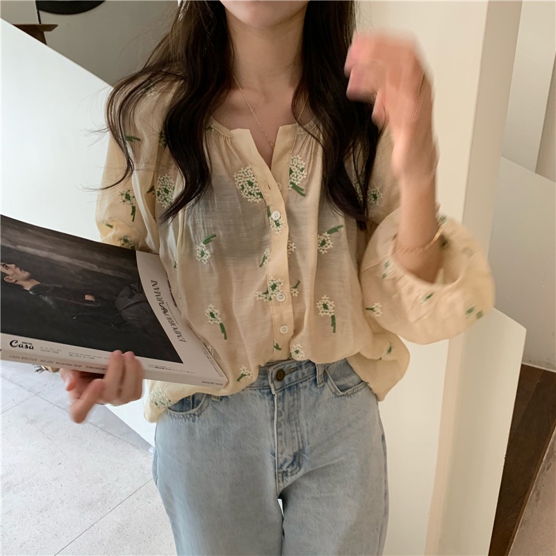 SUXI Áo Sơ Mi Tay Dài Dáng Rộng Thêu Họa Tiết Thời Trang Mùa Hè Dễ Phối Đồ