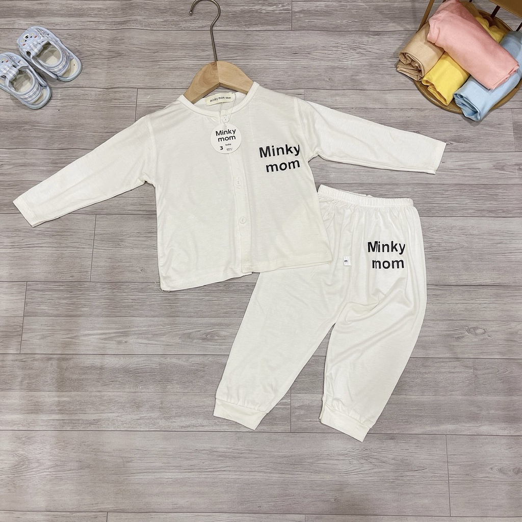 Bộ thun lạnh dài tay cúc giữa Minky mom quần đáp đũng cho bé sơ sinh