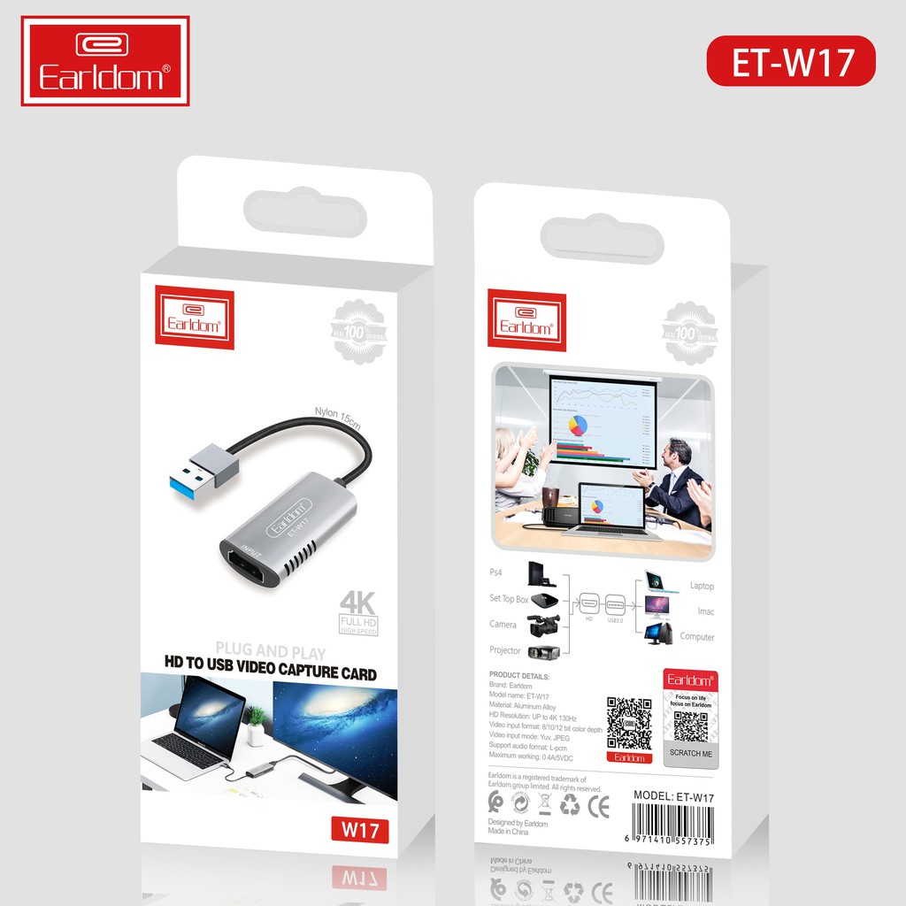 Cáp HDMI to USB 3.0 Video Capture Earldom ET-W17 + W16 - Hỗ Trợ Live Stream, Ghi Hình Từ Điện Thoại, Camera, PS4, XBOX