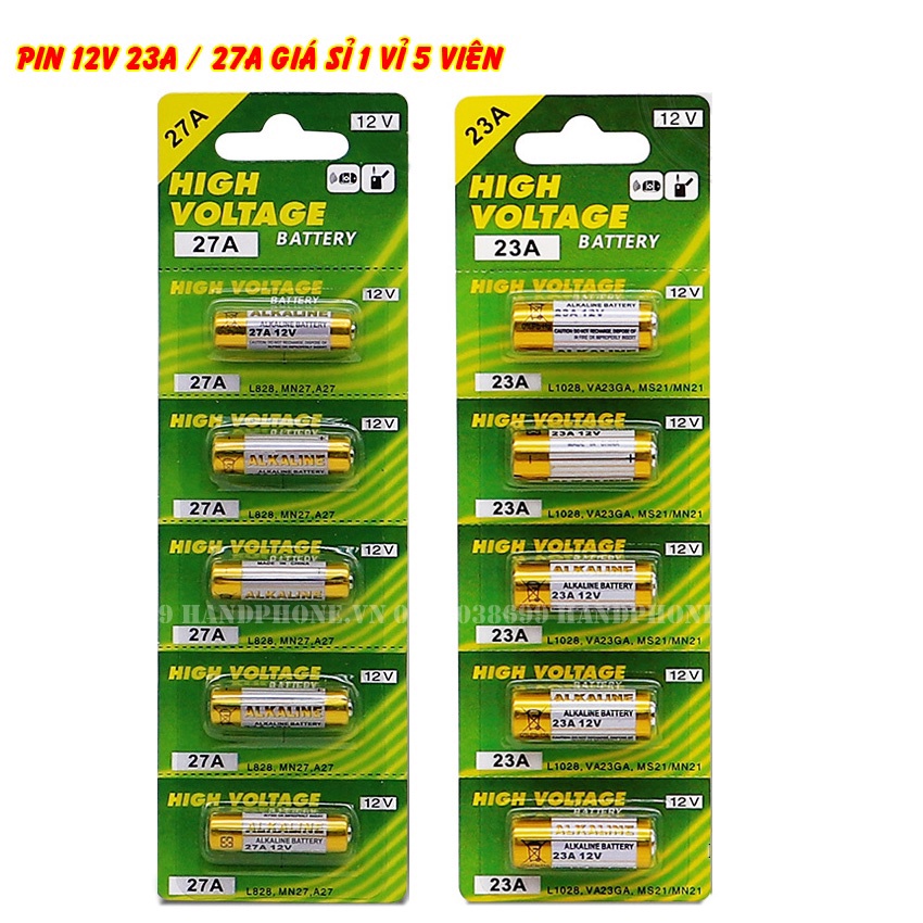 1 vỉ 5 viên pin ALKALINE 23A 27A 12V Pin điện áp cao cho Chìa khóa điện, điều khiển cửa cuốn, chuông cửa, báo động