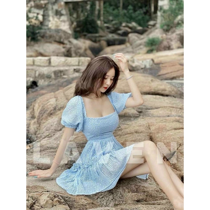 Đầm xòe cổ vuông đi tiệc sang chảnh, váy xòe công chúa tay ngắn cột dây lưng | BigBuy360 - bigbuy360.vn