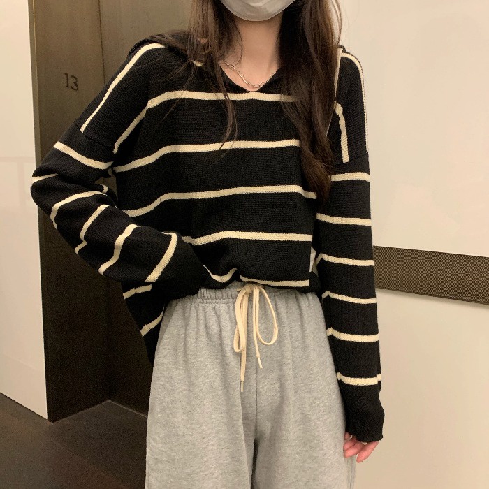 Áo dệt kim Perty dáng rộng kẻ sọc phong cách vintage Hàn Quốc thời trang mùa xuân cho nữ