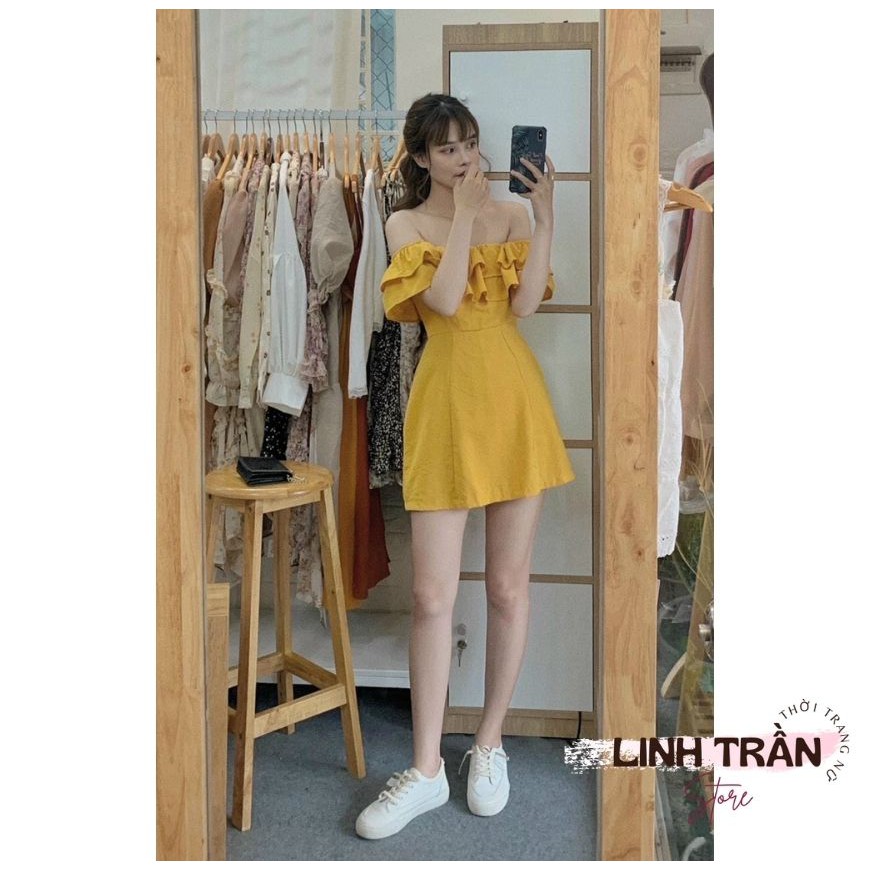 Đầm Midi Trễ Vai Linen Vàng 🦋FREESHIP🦋 Váy Xòe Vai Bèo Linh Trần Store