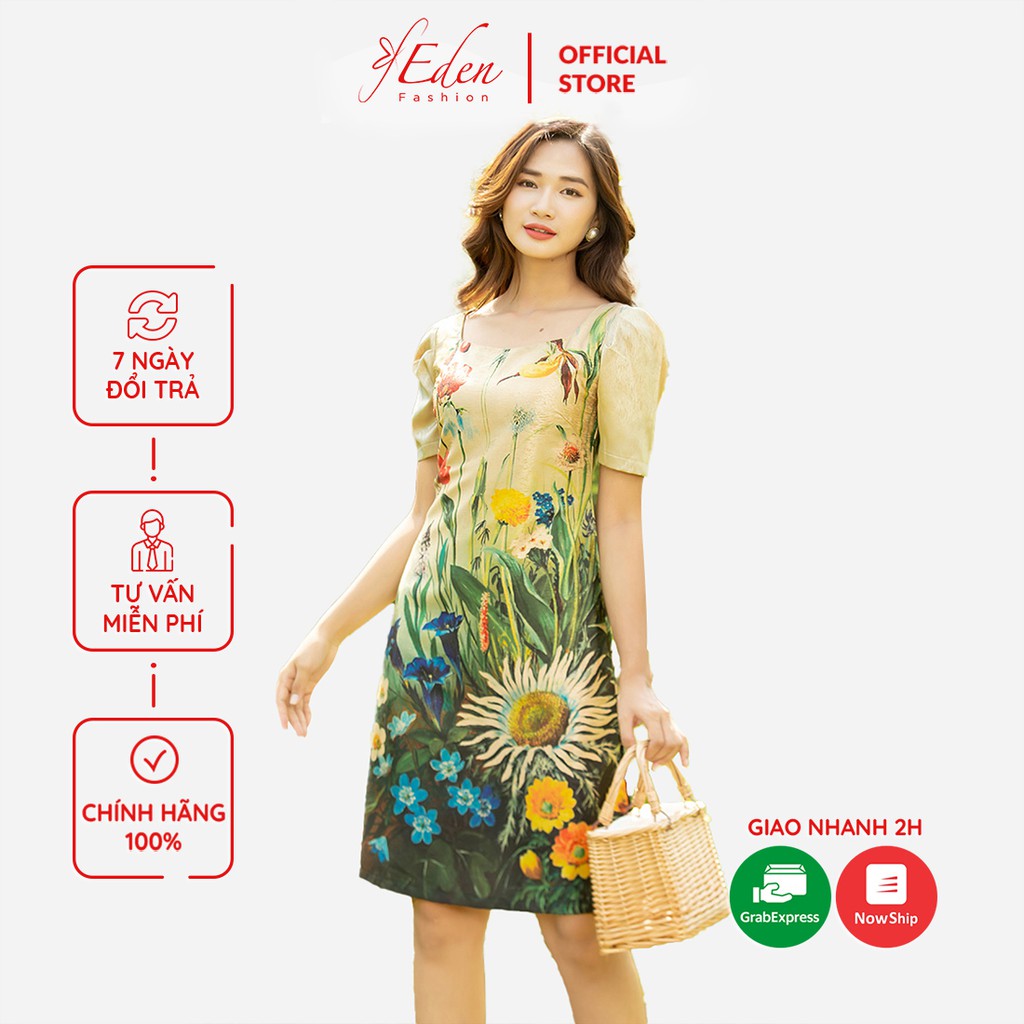 Đầm suông nữ cổ vuông họa tiết hoa 2 lớp Thời Trang Eden cổ tròn tay ngắn chất liệu lụa mềm mát có lót - D443