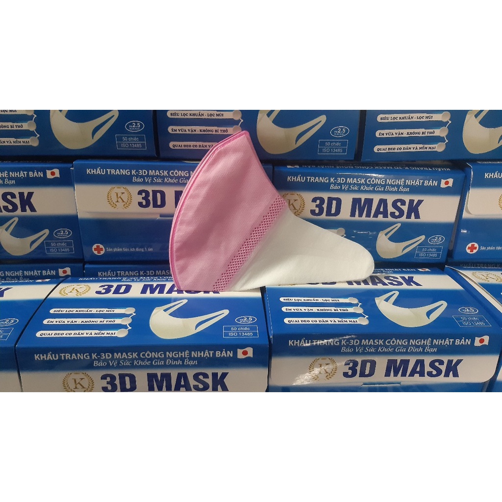 Hộp 50 cái Khẩu trang K 3D MASK kháng khuẩn CÔNG NGHỆ NHẬT, có logo tem niêm phong, đạt chuẩn kiểm định