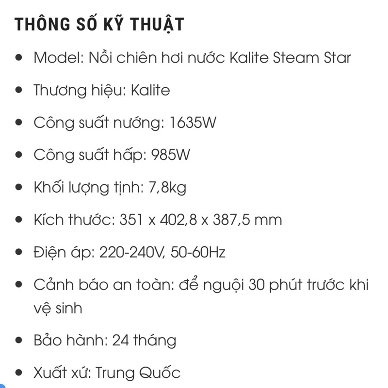 NỒI CHIÊN HƠI NƯỚC KALITE STEAM STAR NỒI CHIÊN HẤP KẾT HỢP 2 TRONG 1 DUNG TÍCH 15L