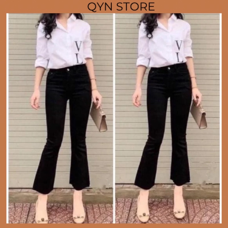 Quần Jeans Ống Loe Cạp Cao Chất Vải Jeans Co Giãn 4 Chiều- QYNSTORE [Ảnh + Clip thật]