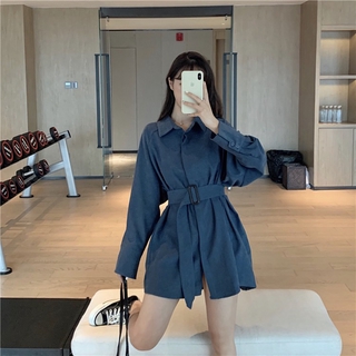 Đầm sơ mi nữ tay dài phối dây đeo thắt eo
