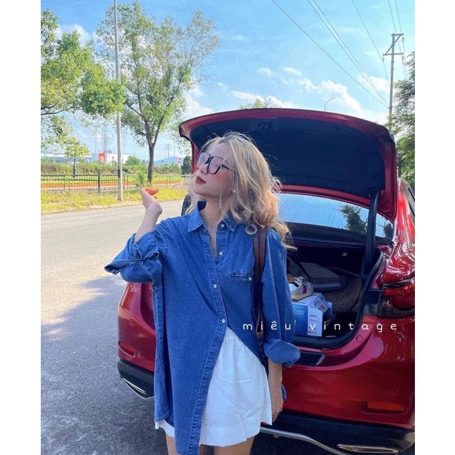 Áo sơ mi jean dài tay oversize túi ngực