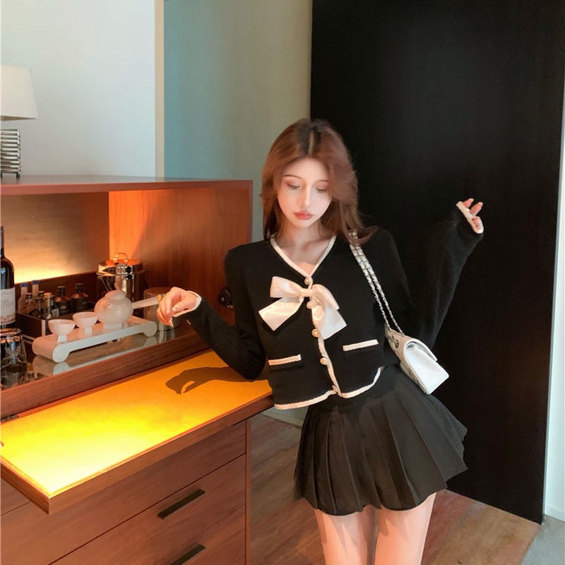 Áo cardigan dệt kim tay dài đính nơ thiết kế mới thời trang mùa thu 2021