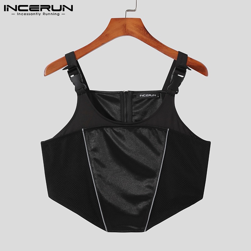 Áo lửng INCERUN màu đen có dây kéo thiết kế đơn giản quyến rũ cho nam