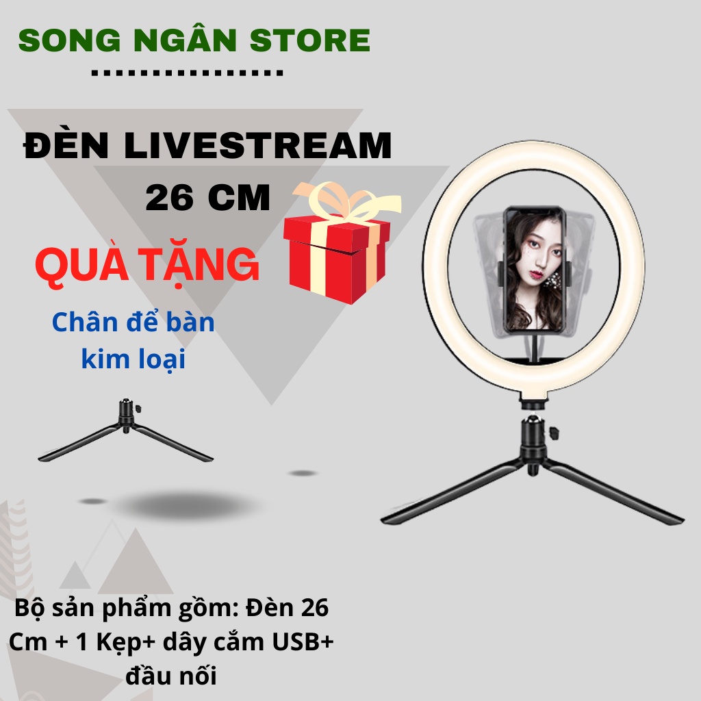 Đèn livestream để bàn size 26cm 1 kẹp 3 chế độ sáng kèm chân để bàn
