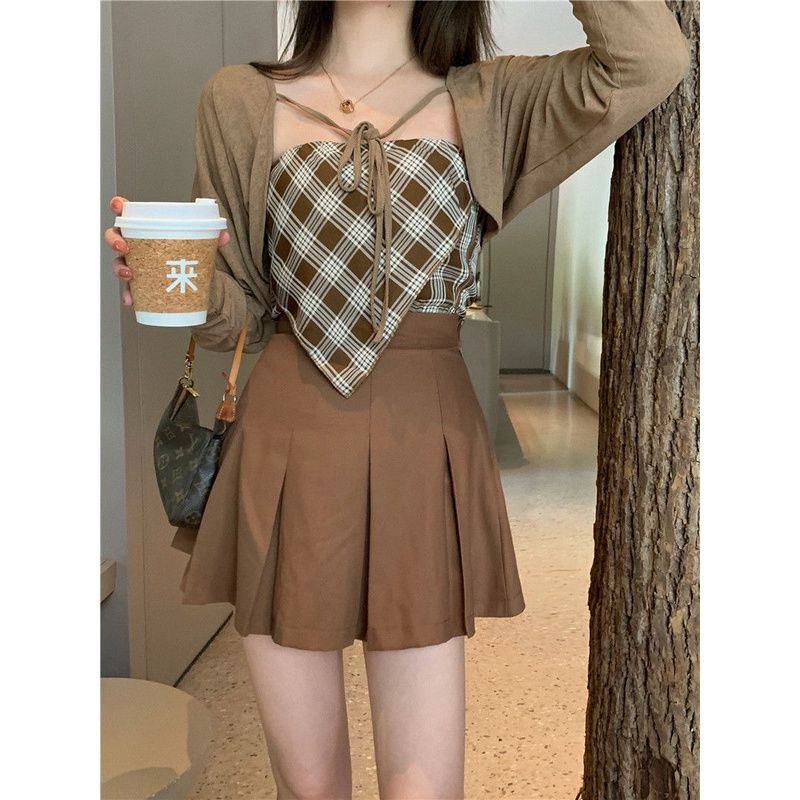 Set áo khoác cardigan tay dài+ áo ống+ chân váy dọc caro thời trang