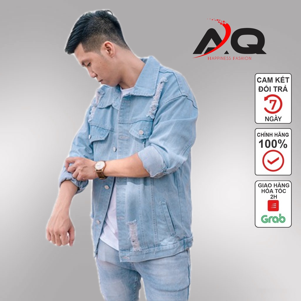 Áo Khoác Jean Áo Jean💖Khoác Bò kiểu Rách Vai Nam Nữ đen xanh Form Rộng Unisex- AQ STORE