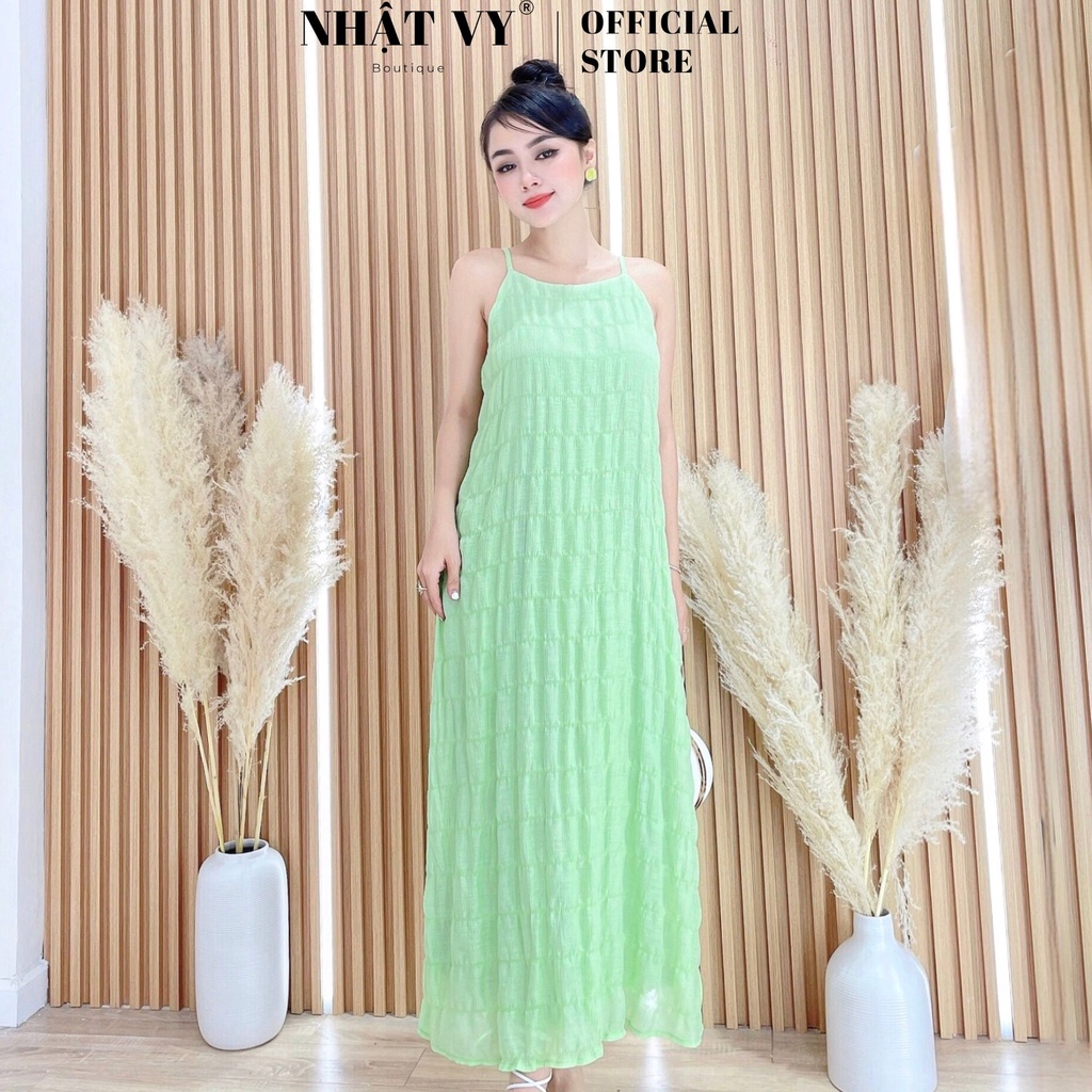 Váy Nữ NHẬT VY 2 Dây Maxi Tay Ngắn Cổ Yếm Chất Tơ Tằm Nhún Màu X Cốm, X Đá, Nâu, Trắng - D2438