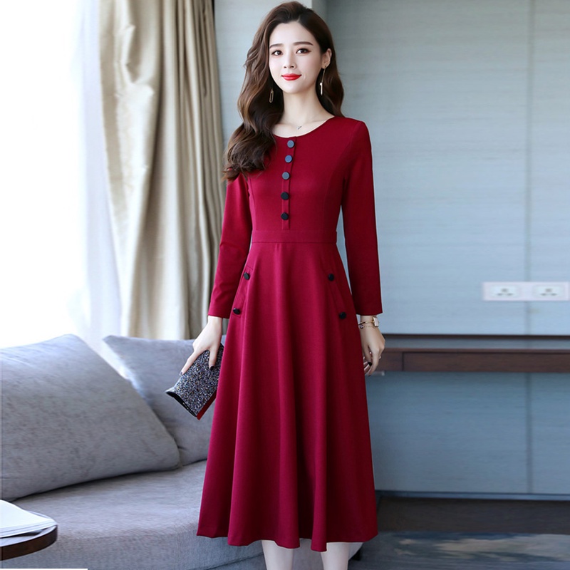 Đầm trung niên sang trọng, thiết kế tay dài thanh lịch che khuyết điểm tốt, vải Poly co giãn- WOBE Happy Mami - L144 | BigBuy360 - bigbuy360.vn