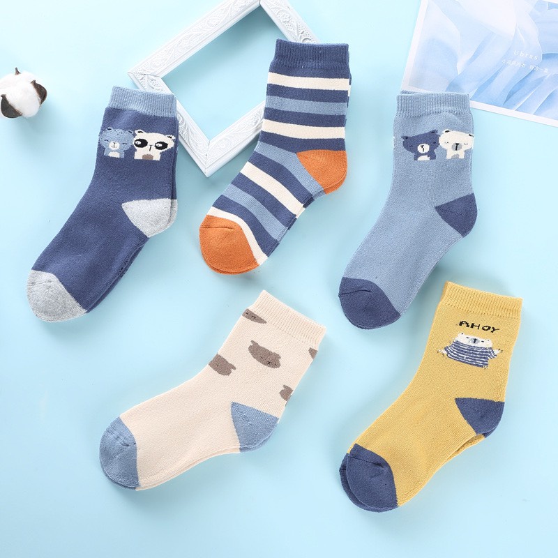 Set 10 Đôi Tất Cao Cổ Trẻ Em Họa Tiết Gấu Kẻ Xanh Siêu Hot