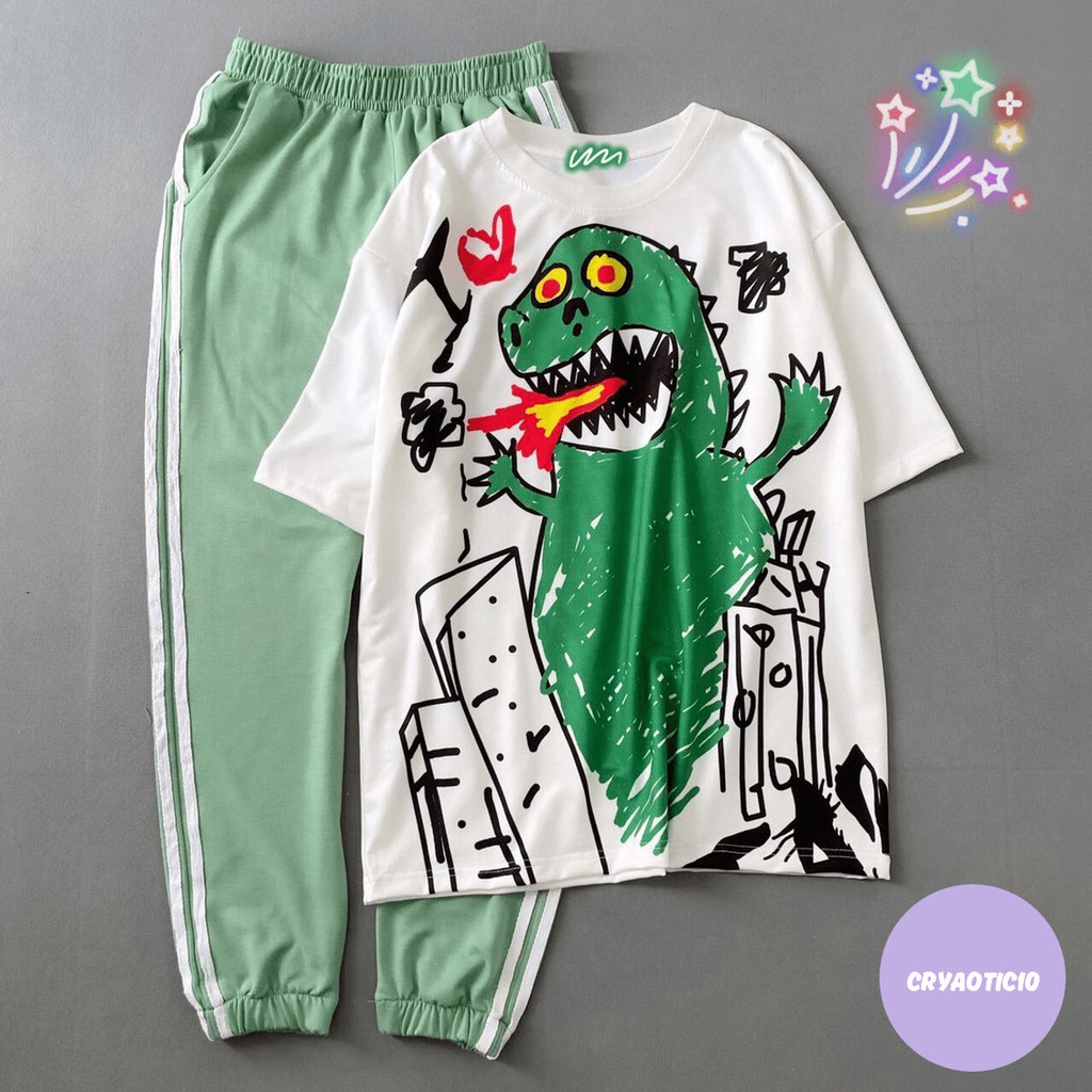 Set áo khủng long + quần thun xanh 2 sọc unisex
