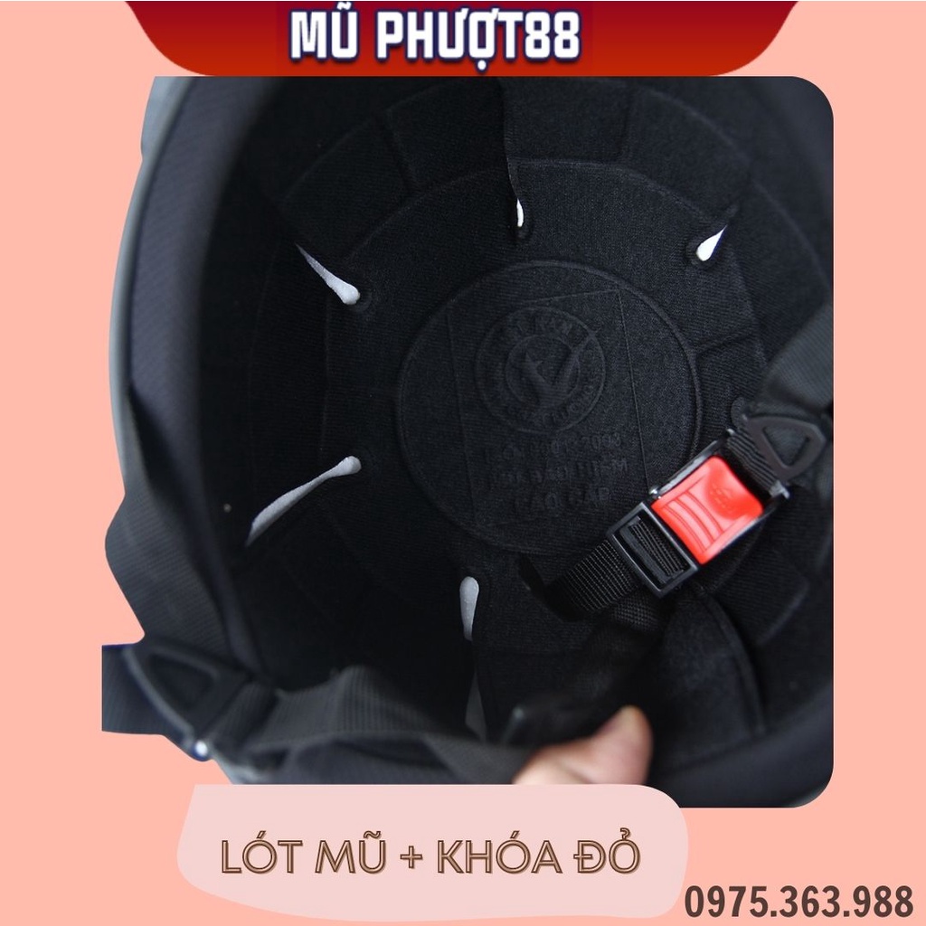 Mũ Bảo Hiểm Nửa Đầu 1/2 màu trơn khóa đỏ có kính uv phi công cute, nón bảo hiểm phượt có lưỡi trai