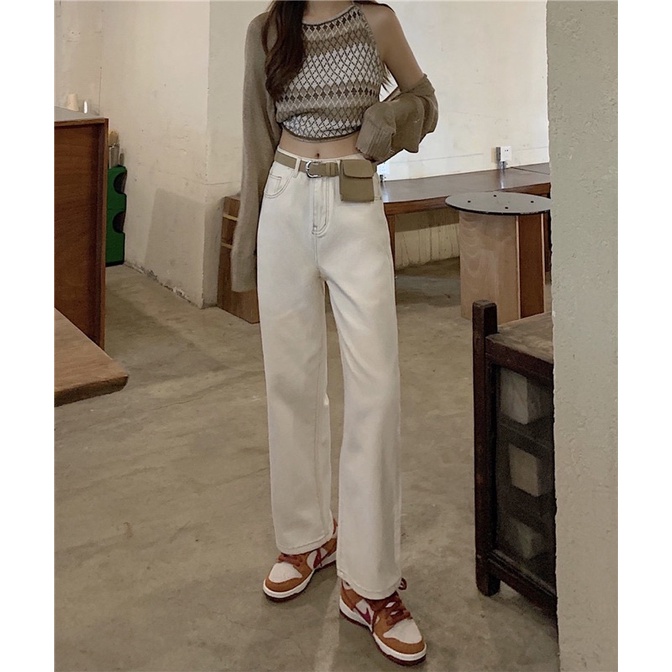 Quần jeans trắng kem ống rộng suông nữ dáng dài cạp cao