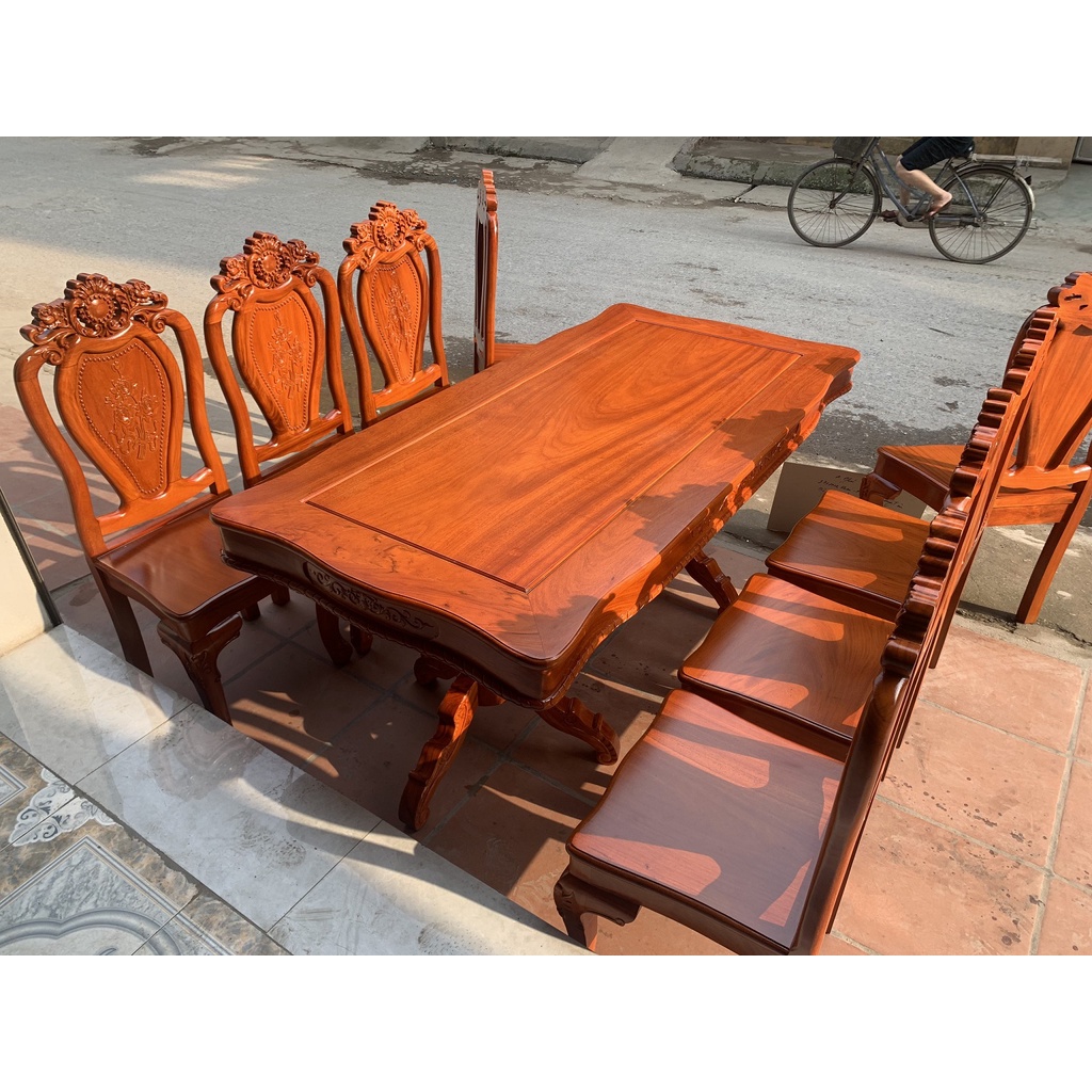 Bộ bàn ghế ăn hoa lá tây ván tràn bàn chữ nhật gỗ gõ đỏ