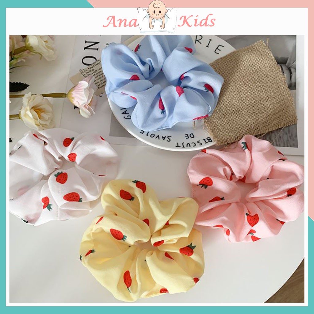 Cột tóc Scrunchies Milk Bear, dây buộc tóc vải Dâu Tây