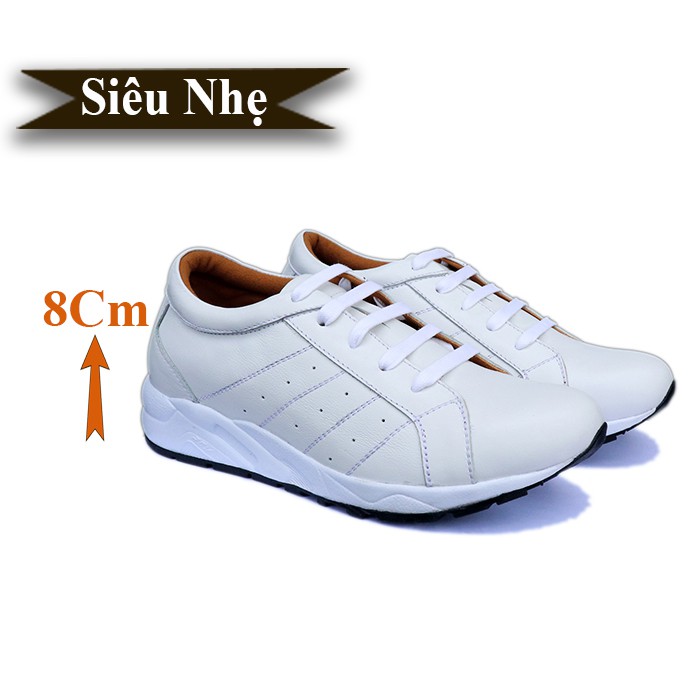 GIÀY CAO NAM SIÊU NHẸ- SIÊU ÊM T&TRA  CAO 8CM - T19 TRẮNG - DA BÒ THẬT 100%