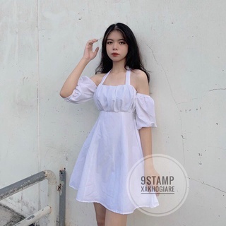 Sét váy babydoll nữ trễ vai tay phồng buộc dây cổ dễ thương SP001108
