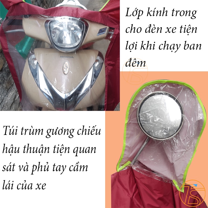 Áo Mưa Cánh Tròn Phản Quang Có Nón, Túi Che Gương Và Đèn Xe Đi Mưa Tiện Lợi - Loại Hàng Việt Nam 1 Mũ Và 2 Mũ