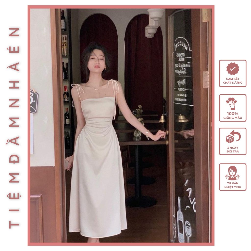 Đầm midi nude dáng dài 2 dây cột vai khoen eo tiểu thư Hàn Quốc