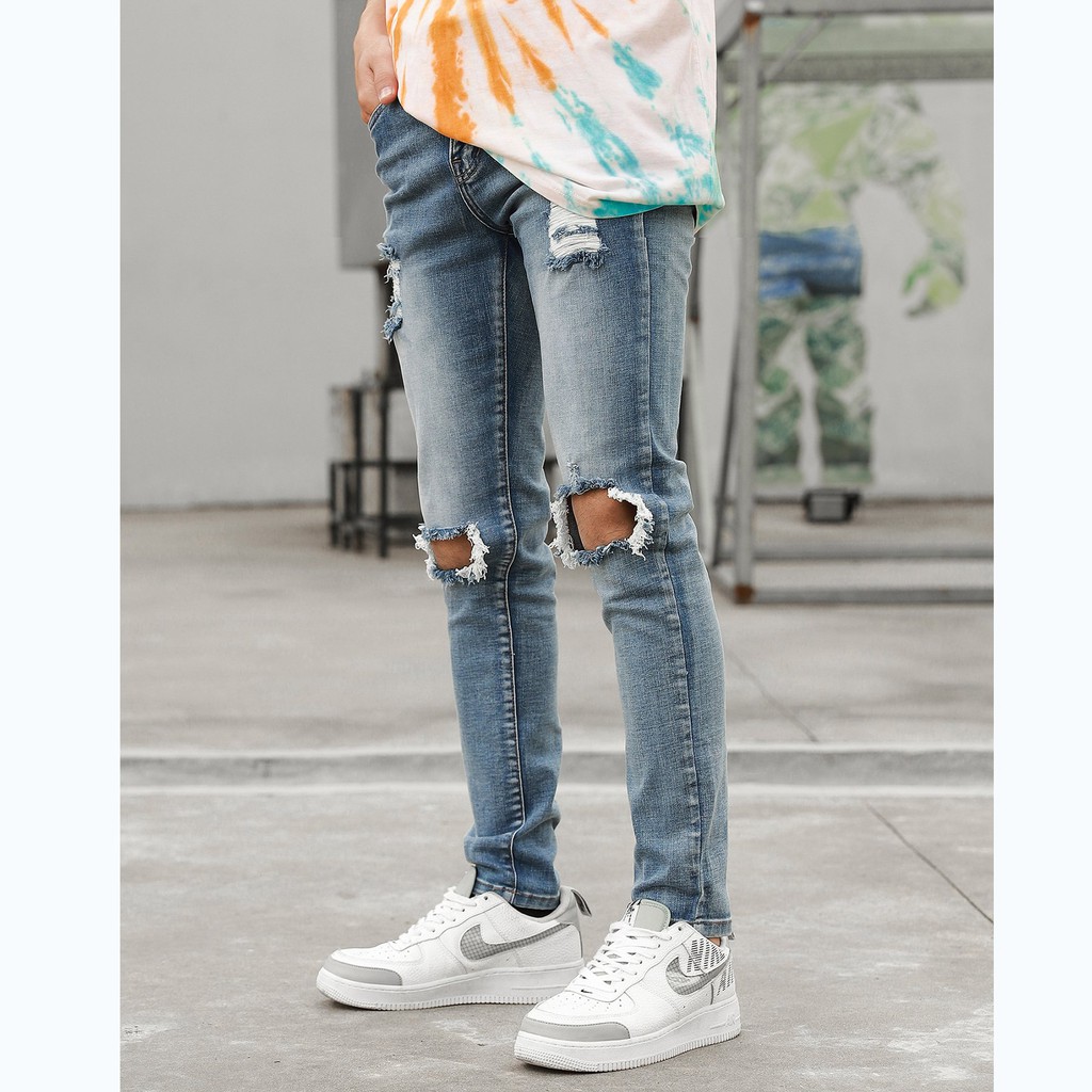Quần Skinny Jeans Nam-Màu Xanh Đậm-Rách Gối To-Chất Liệu Cotton Co Giãn-Ống Đứng Dáng-Ống Ôm Chân Chuẩn Skinny | BigBuy360 - bigbuy360.vn