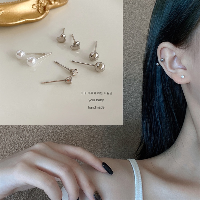 Set 4 Đôi Khuyên Tai Hình Trái Tim Đính Đá / Ngọc Trai Đơn Giản Phong Cách Hàn Quốc