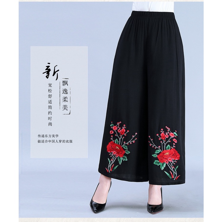 Quần Culottes Ống Rộng Thêu Hoa Thời Trang Cho Phụ Nữ Trung Niên