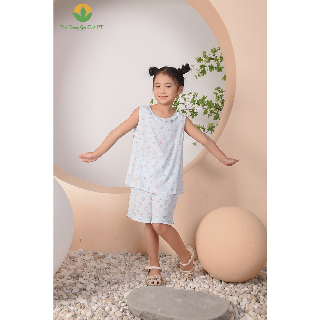 Bộ đồ lanh Việt Thắng, quần đùi áo sát nách họa tiết bé gái - B62.2209